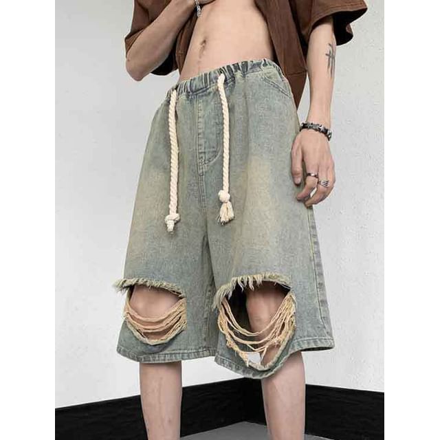 Phoneus-Drawstring Waist Washed Distressed Denim Shorts