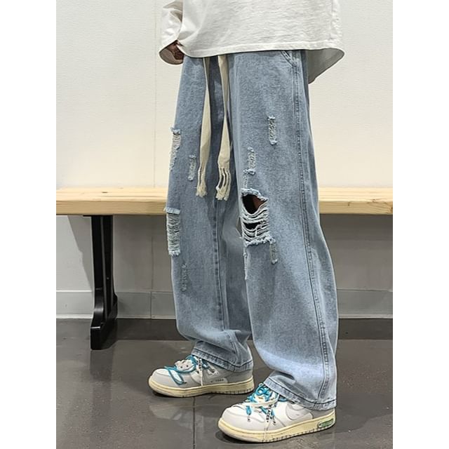 Phoneus-Drawstring Waist Washed Distressed Wide Leg Jeans