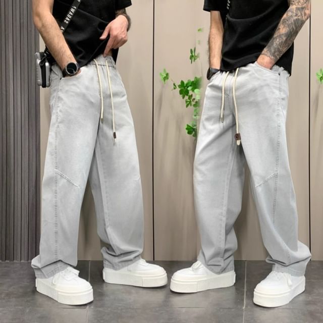 Phoneus-Drawstring Waist Washed Loose Fit Jeans