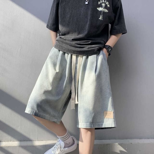 Phoneus-Drawstring Waist Washed Panel Denim Shorts