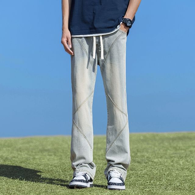 Phoneus-Drawstring Waist Washed Panel Straight Leg Jeans