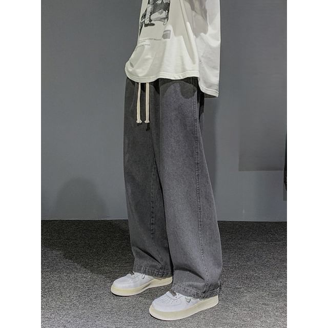 Phoneus-Drawstring Waist Washed Wide Leg Jeans