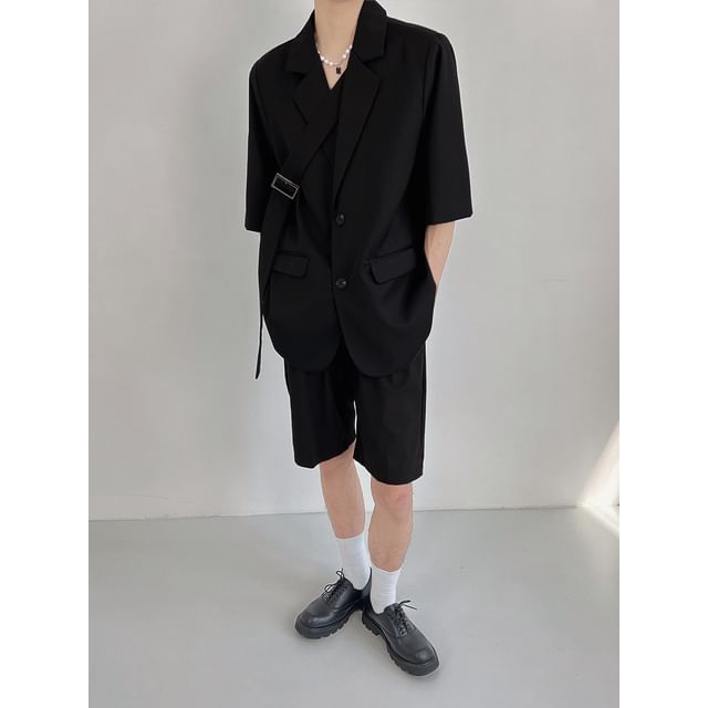 Phoneus-Elbow-Sleeve Lapel Collar Plain Single Breasted Blazer Mid Rise Shorts Set