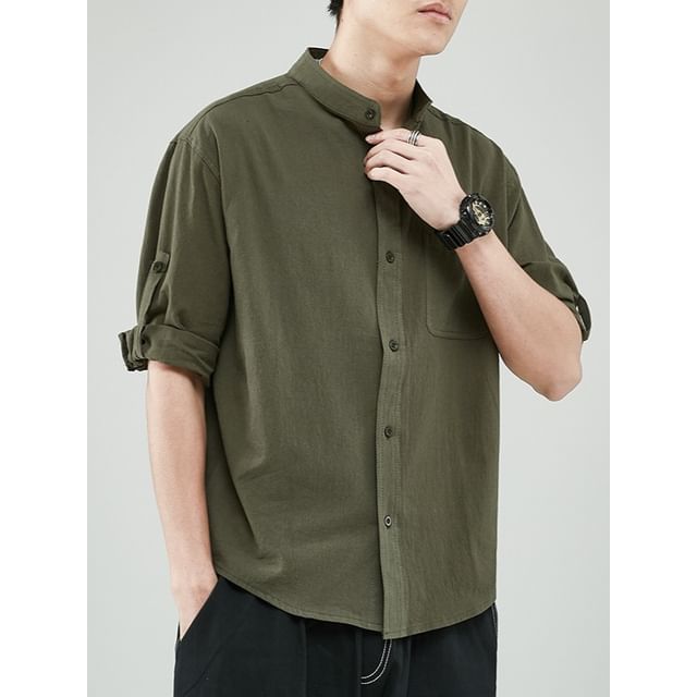 Phoneus-Elbow-Sleeve Plain Pocket Front Shirt