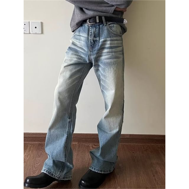 Phoneus-High Waist Washed Bootcut Jeans