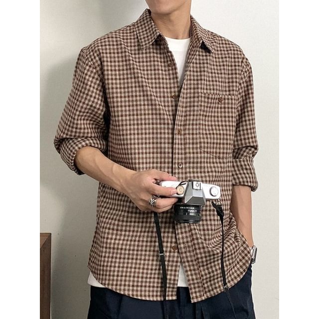 Phoneus-Long Sleeve Collared Plaid Shirt