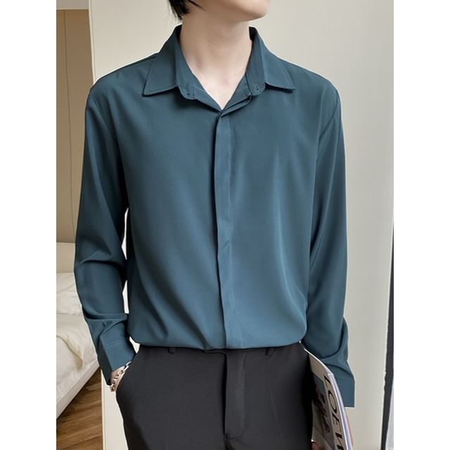 Phoneus-Long-Sleeve Collared Plain Button Up Shirt