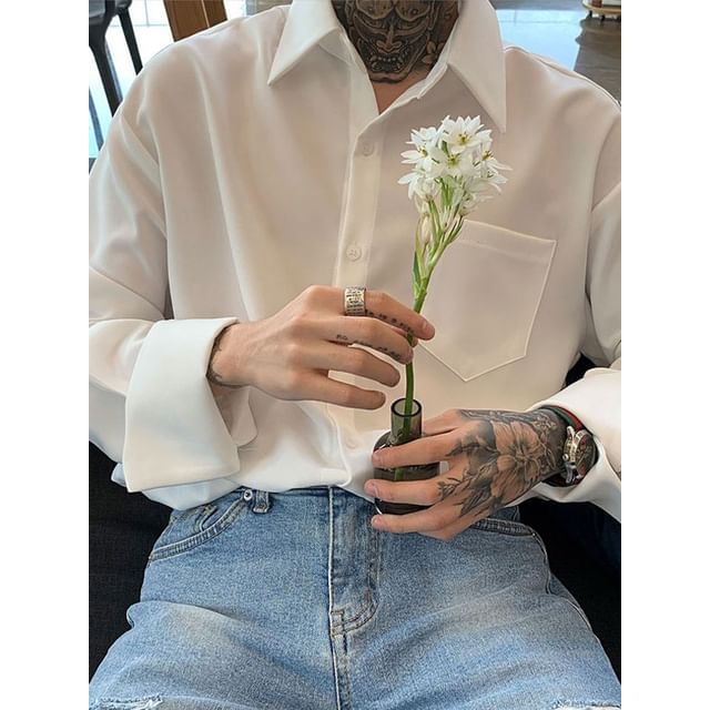 Phoneus-Long-Sleeve Collared Plain Button Up Shirt
