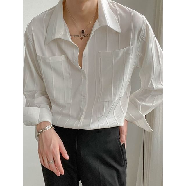 Phoneus-Long Sleeve Collared Plain Textured Shirt