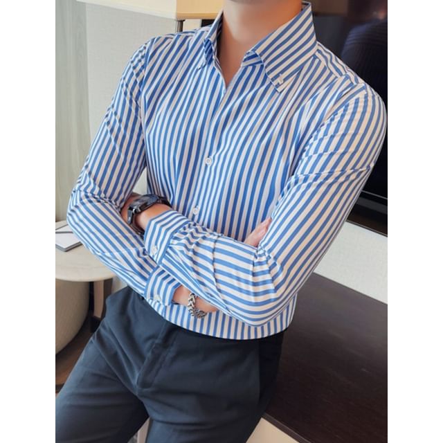 Phoneus-Long-Sleeve Collared Striped Button Up Shirt