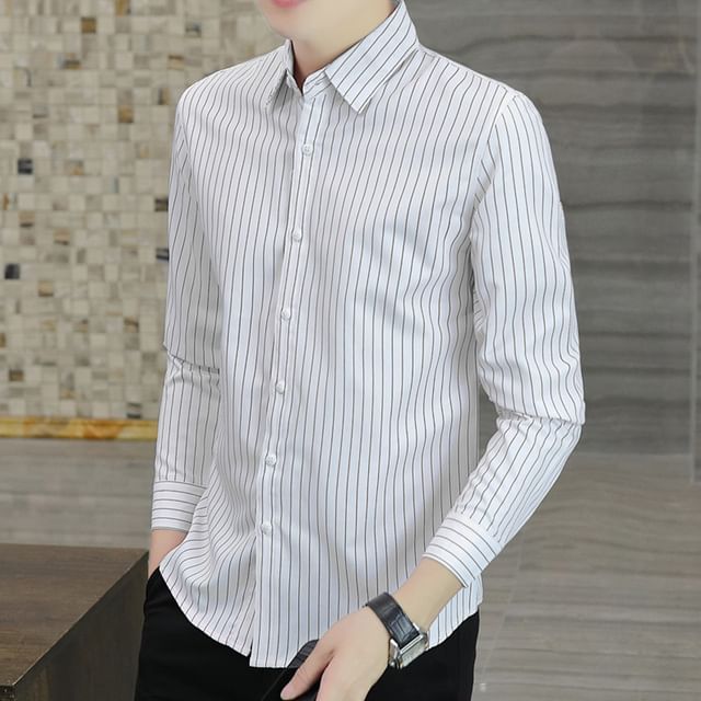 Phoneus-Long Sleeve Collared Striped Shirt