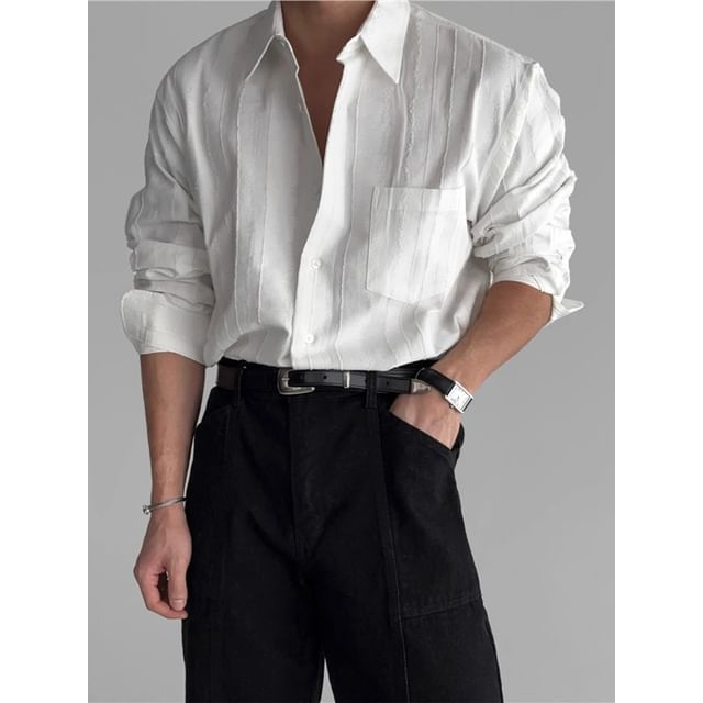 Phoneus-Long-Sleeve Collared Textured Button Up Shirt