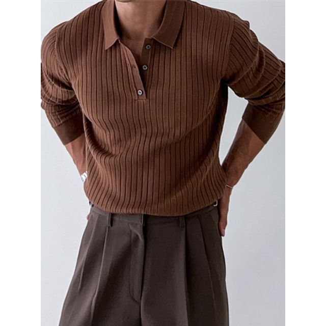 Phoneus-Long Sleeve Plain Ribbed Knit Polo Top