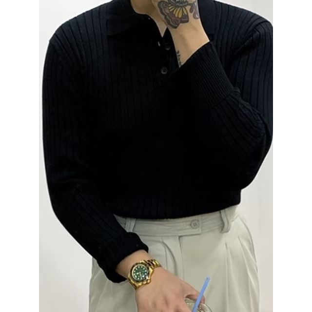 Phoneus-Long Sleeve Plain Ribbed Knit Polo Top