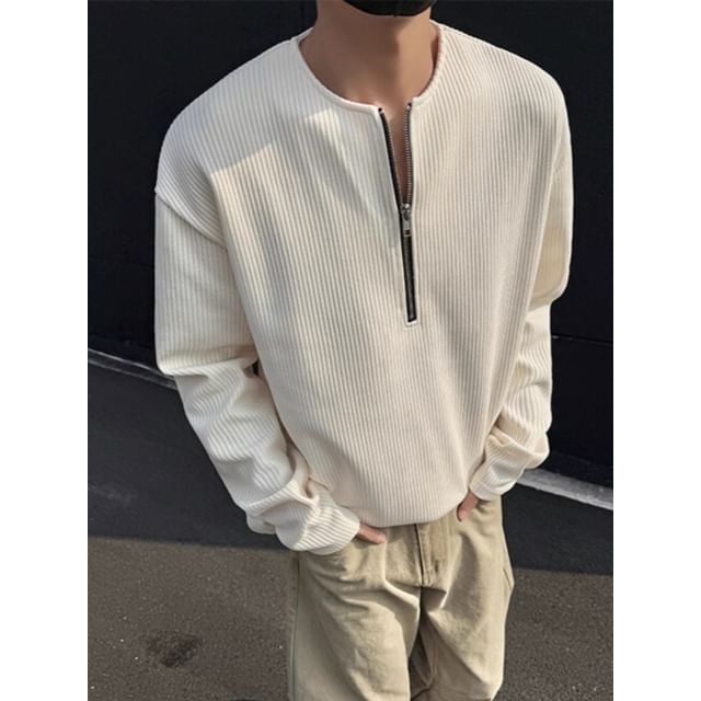 Phoneus-Long Sleeve Round Neck Plain Half Zip Ribbed Top