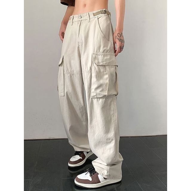 Phoneus-Mid Rise Plain Straight Leg Cargo Pants