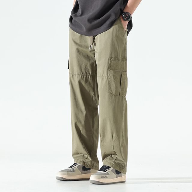 Phoneus-Mid Rise Plain Straight Leg Cargo Pants