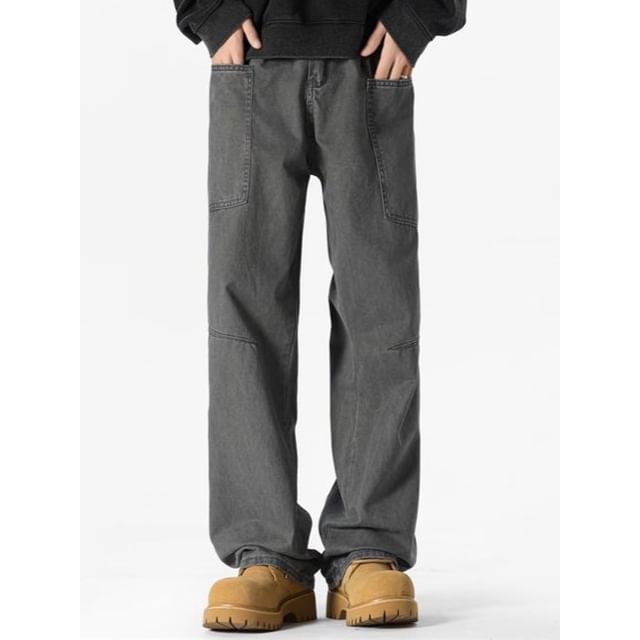 Phoneus-Mid Rise Plain Straight Leg Jeans