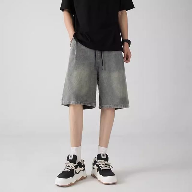 Phoneus-Mid Rise Washed Denim Shorts