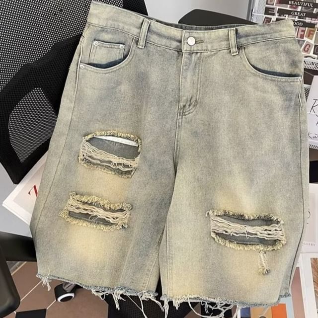 Phoneus-Mid Rise Washed Distressed Denim Shorts