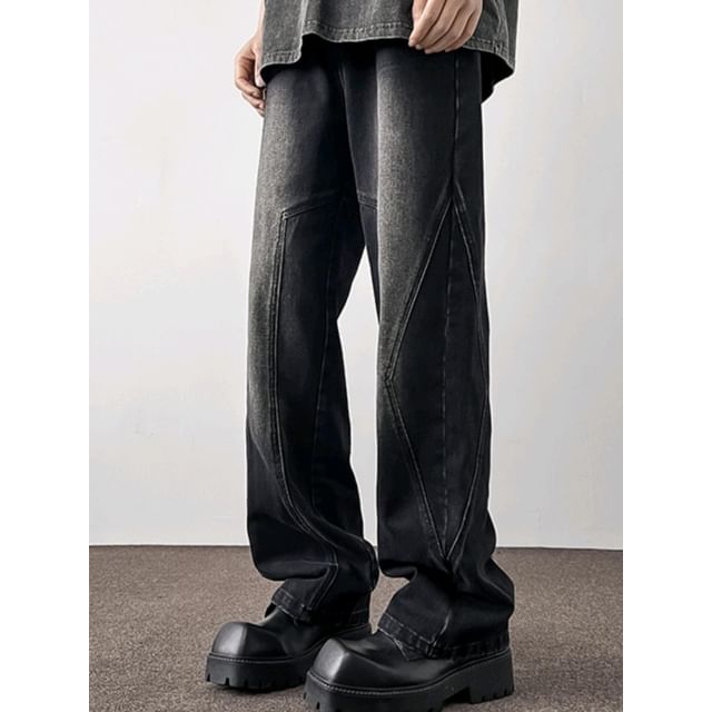 Phoneus-Mid Rise Washed Straight Leg Jeans