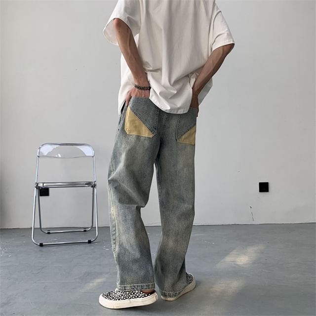 Phoneus-Mid Rise Washed Straight Leg Jeans