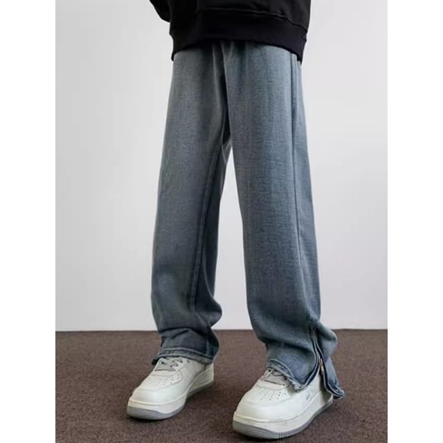 Phoneus-Mid Rise Washed Zip Slit Straight Leg Jeans