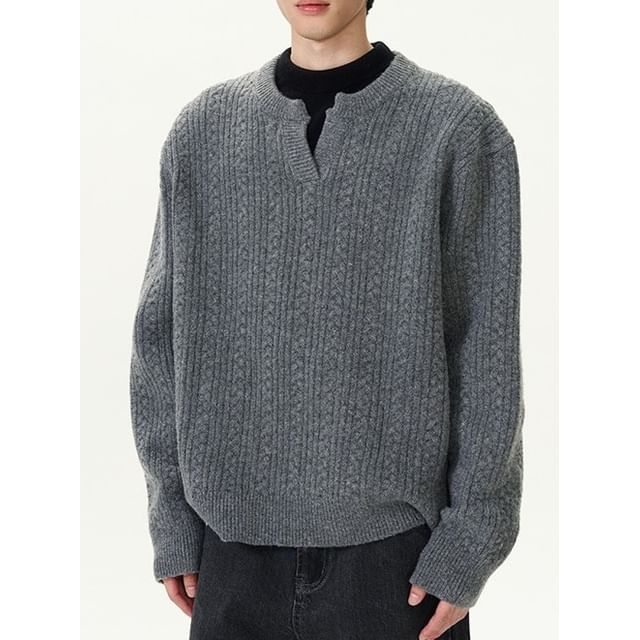Phoneus-Notch Neck Plain Cable Knit Sweater