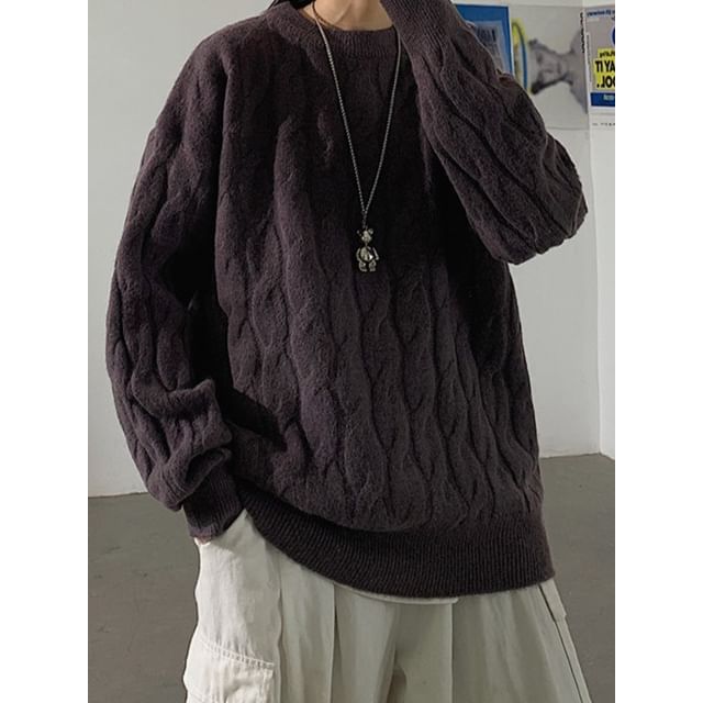 Phoneus-Round Neck Plain Cable Knit Sweater