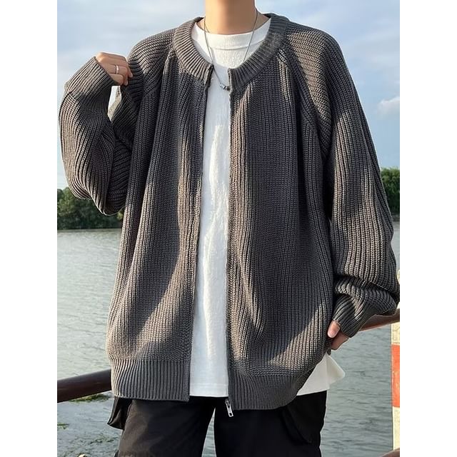 Phoneus-Round Neck Plain Zip Cardigan
