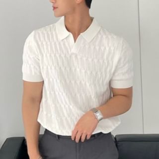 Phoneus-Short-Sleeve Collar Plain Cable-Knit Top