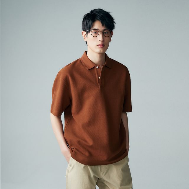 Phoneus-Short-Sleeve Collar Plain T-Shirt