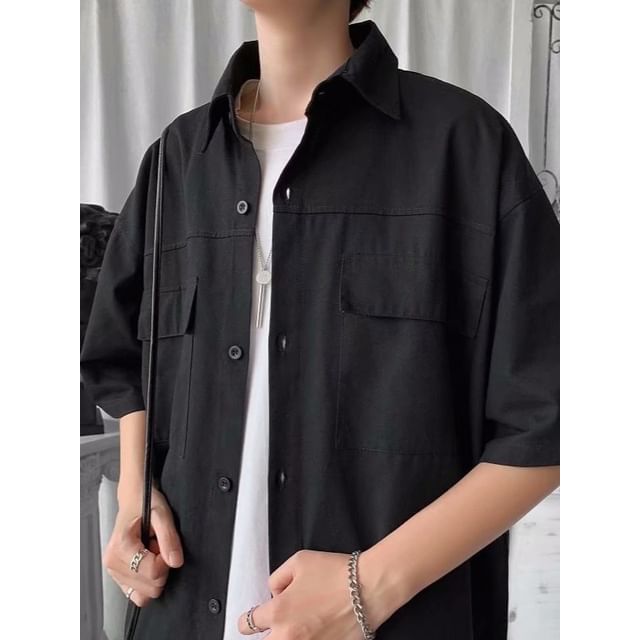 Phoneus-Short-Sleeve Collared Plain Button Up Shirt