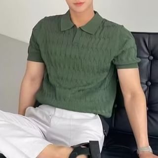 Phoneus-Short Sleeve Open Placket Plain Cable Knit Polo Top