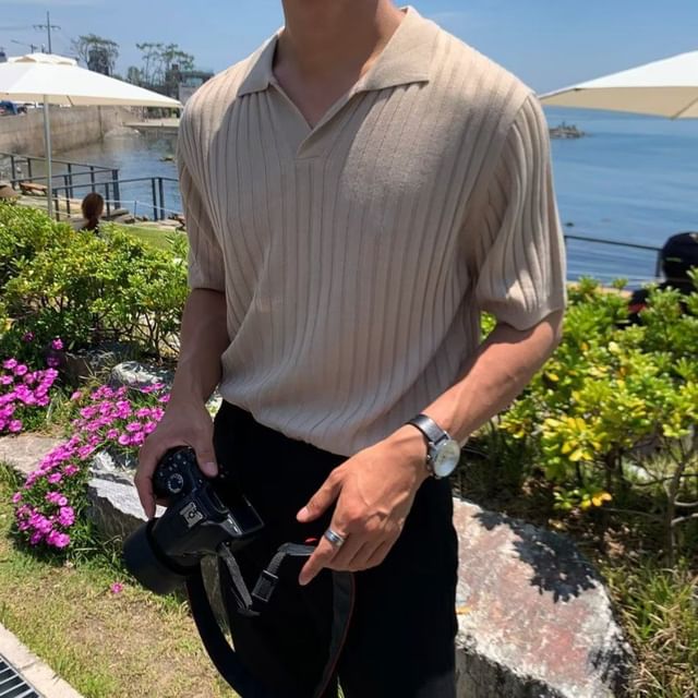 Phoneus-Short Sleeve Open Placket Plain Ribbed Knit Polo Top