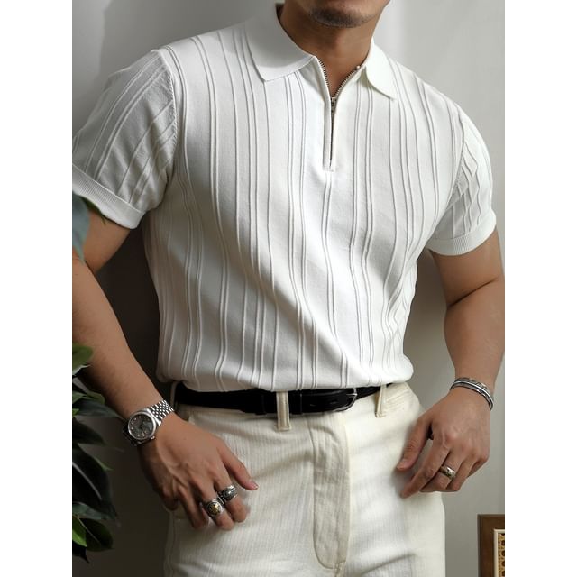 Phoneus-Short Sleeve Plain Half Zip Knit Polo Top