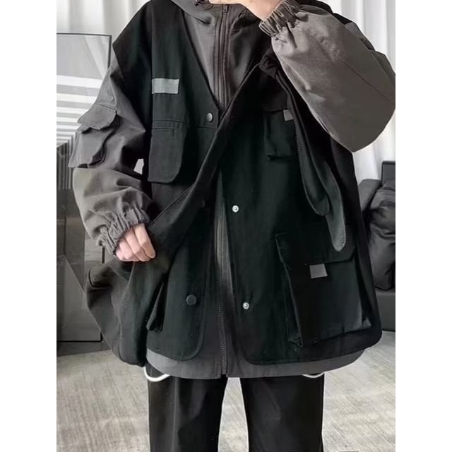 Phoneus-Stand Collar Mock Two Piece Hood Zip Cargo Jacket