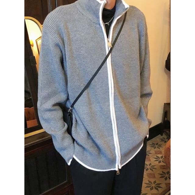 Phoneus-Stand Collar Plain Contrast Trim Zip Jacket Short-Sleeve Crew Neck Plain T-Shirt