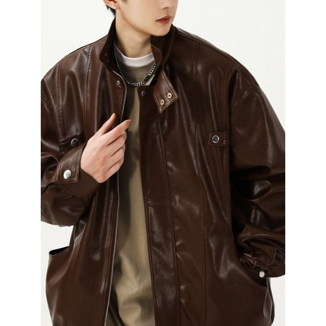 Phoneus-Stand Collar Plain Faux Leather Zip Jacket
