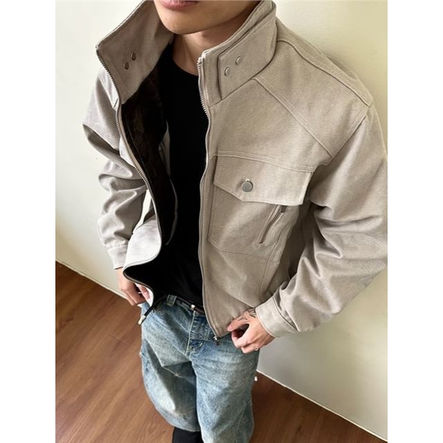 Phoneus-Stand Collar Plain Zip Jacket