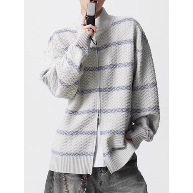 Phoneus-Stand Collar Striped Zip Cardigan