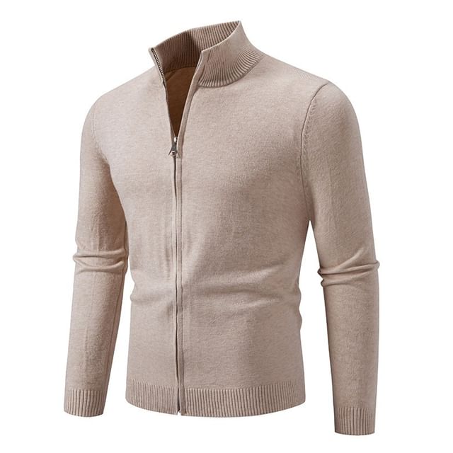 Phoneus-Stand Collar Zip-Up Plain Cardigan
