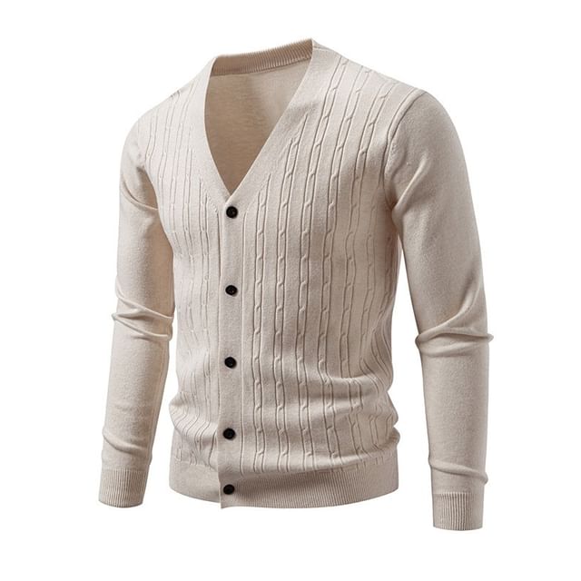 Phoneus-V-Neck Button-Up Plain Cable Knit Cardigan