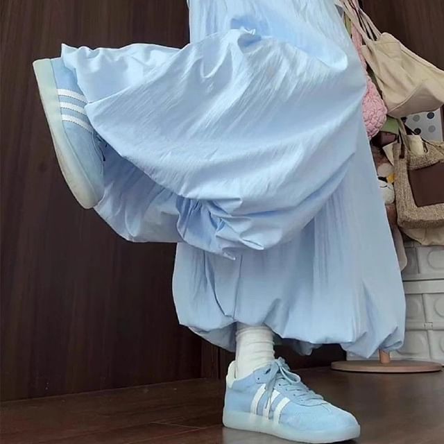 Pinatra-Drawstring Waist Plain Bubble Hem Cropped Culottes