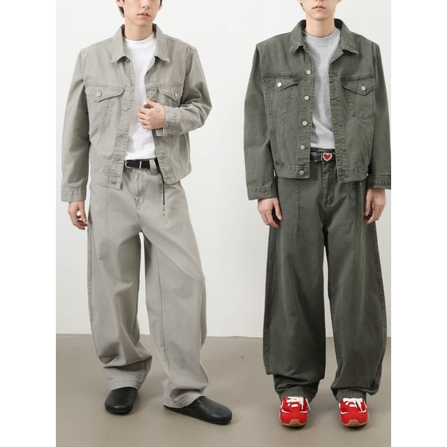 pinkdropper-Collared Button-Up Denim Jacket Mid Rise Wide Leg Jeans