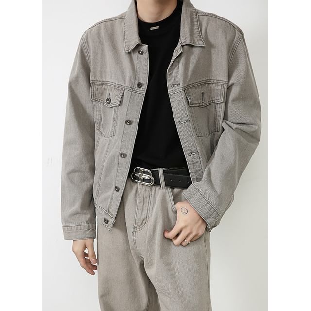 pinkdropper-Collared Washed Button-Up Denim Jacket Mid Rise Loose Fit Jeans