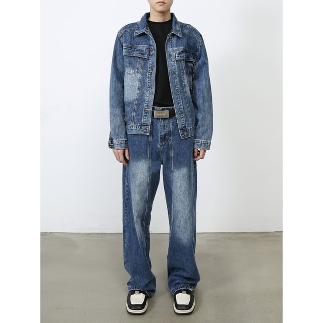 pinkdropper-Collared Washed Button-Up Denim Jacket Mid Rise Loose Fit Jeans