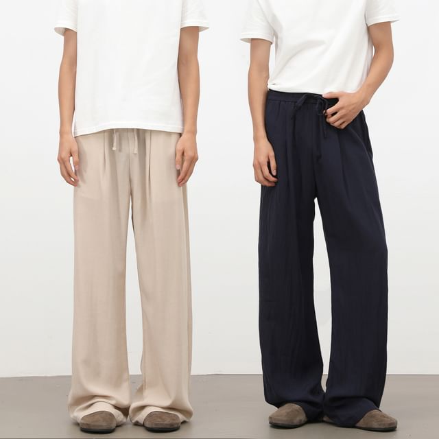 pinkdropper-Drawstring Waist Plain Wide Leg Pants