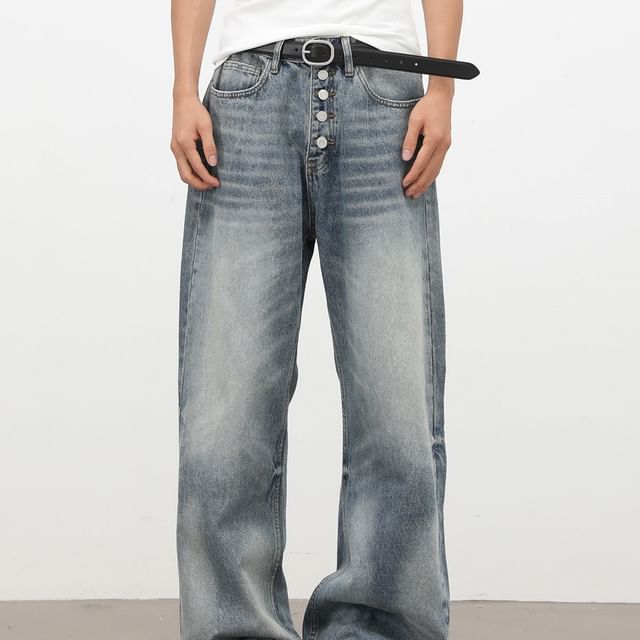 pinkdropper-Mid Rise Button Fly Washed Wide Leg Jeans