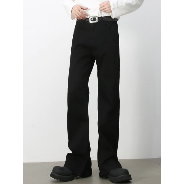 pinkdropper-Mid Rise Plain Washed Flared Jeans